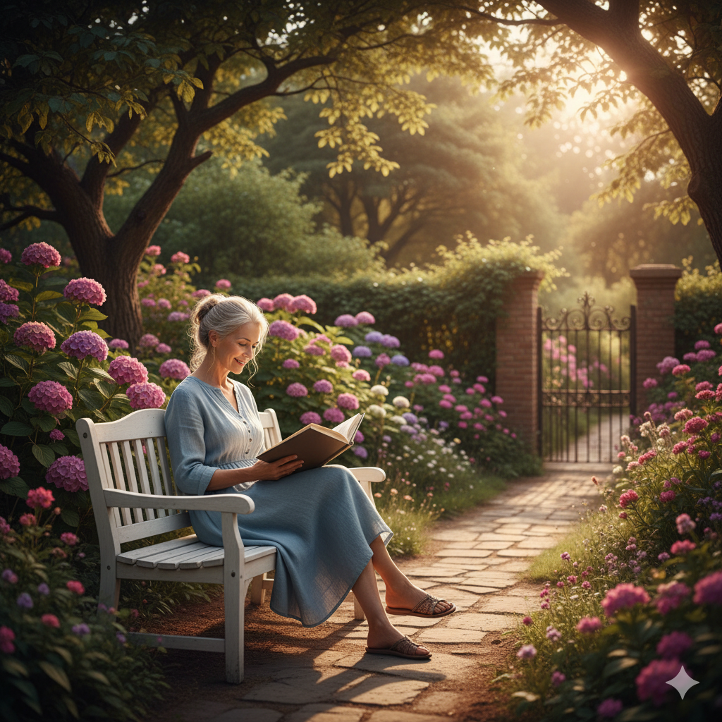 아름다운 정원 벤치에 앉아 미소 지으며 책을 읽는 평화로운 노년의 여성