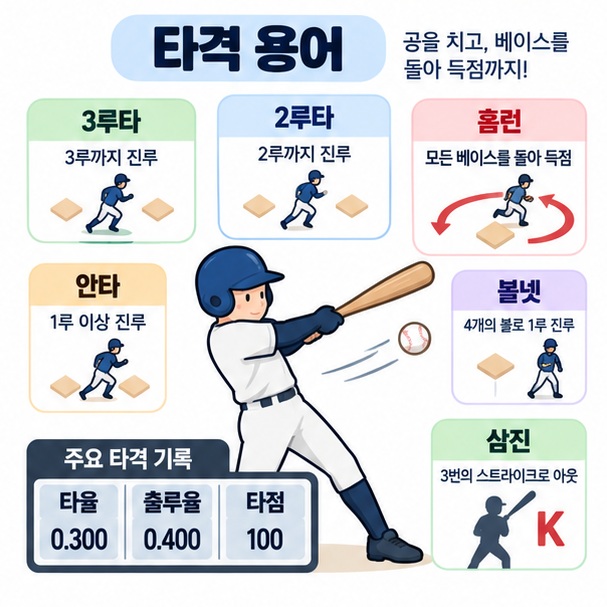 안타, 홈런, 볼넷, 삼진과 타율 등 타격 용어를 쉽게 정리한 이미지