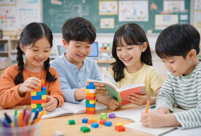 교실에서 책을 읽고 블록 놀이를 하며 웃고 있는 초등학생들 모습