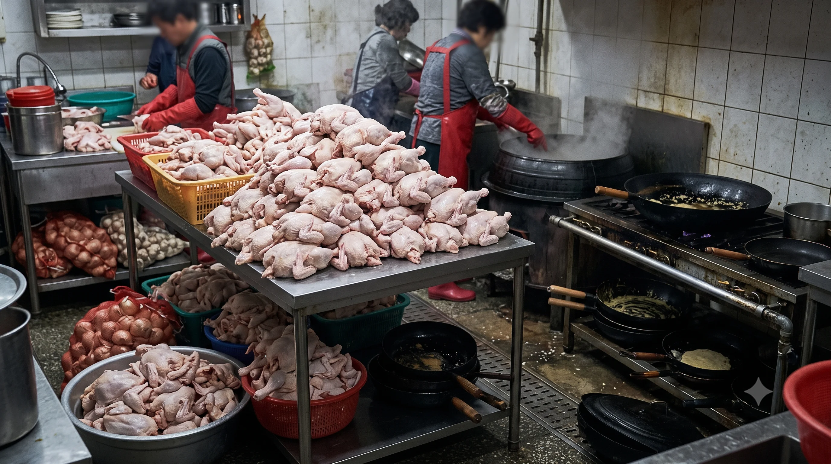 영화 극한직업 촬영 현장에서 실제 튀겨진 463마리의 닭과 조리 스태프들의 현장 스틸컷