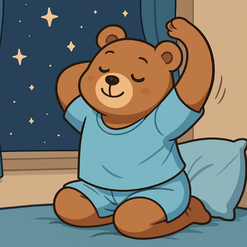 "잠들기 전 편안한 복장으로 부드럽게 스트레칭을 하고 있는 귀여운 곰 캐릭터. 창밖에는 별이 떠 있다. (AI생성)"