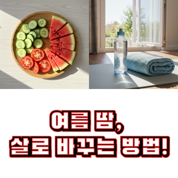 여름철 땀과 관련된 과일과 물병 이미지