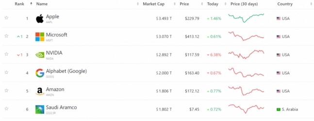 29일(현지시간) 기준 세계 시가총액 순위