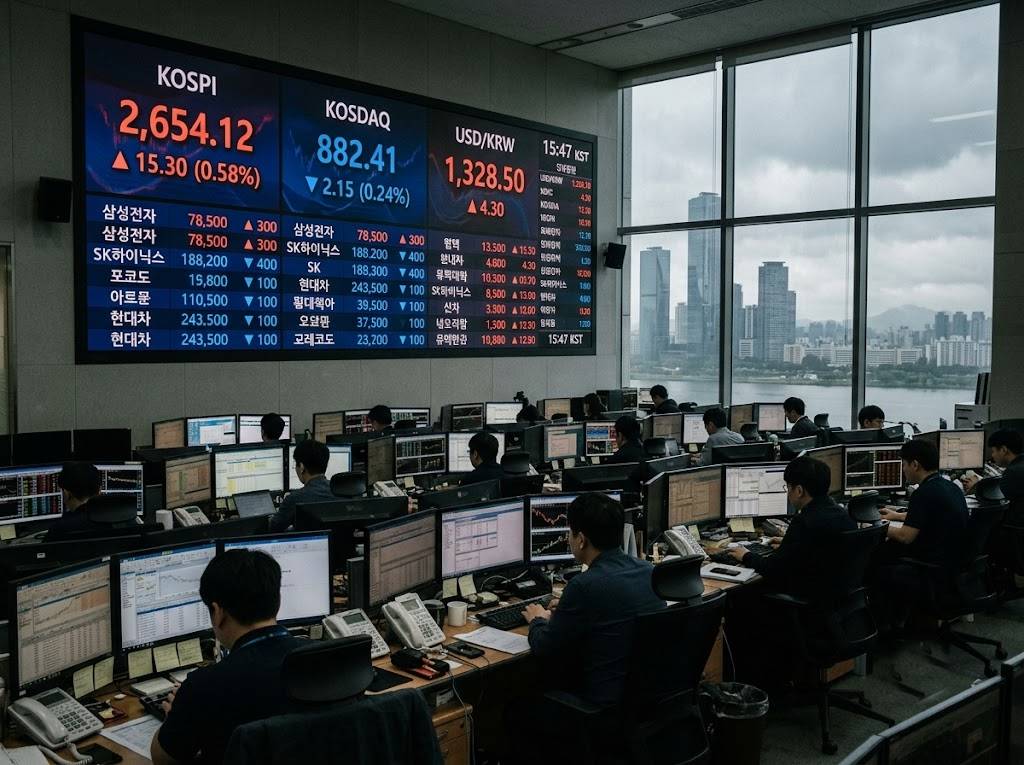 HSBC 코스피 비중확대 상향 소식 당일 국내 증시 딜링룸 전광판 모습
