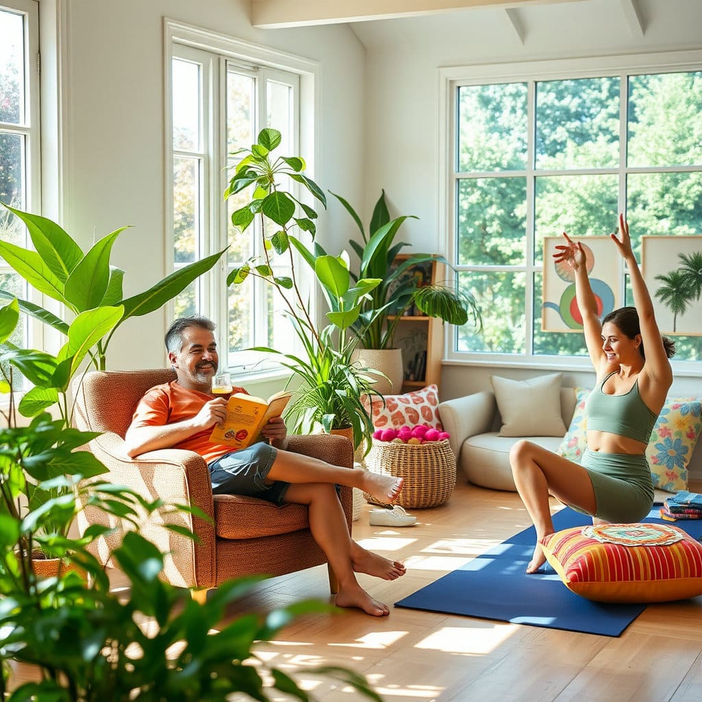 실내에서 건강하고 활기찬 모습으로 여름을 즐기는 사람들의 모습. 예를 들어, 시원한 음료를 마시며 독서를 하거나, 가벼운 스트레칭을 하는 등 쾌적하고 행복한 분위기를 연출합니다.