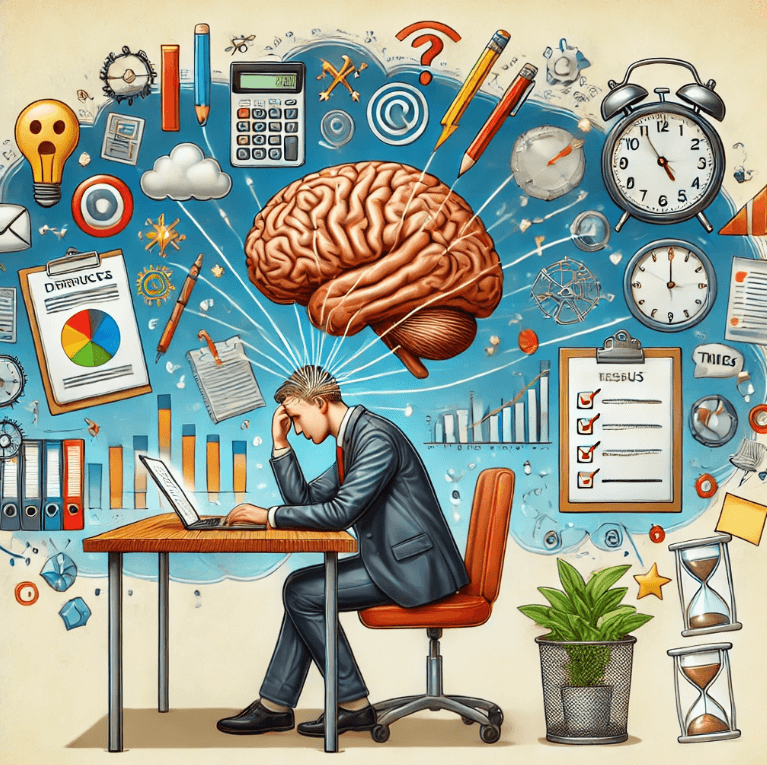 스트레스가 주의력과 집중력에 어떤 영향을 미치는지 시각적으로 보여주며 산만함 , 혼란 , 인지 기능에 대한 부담을 강조
