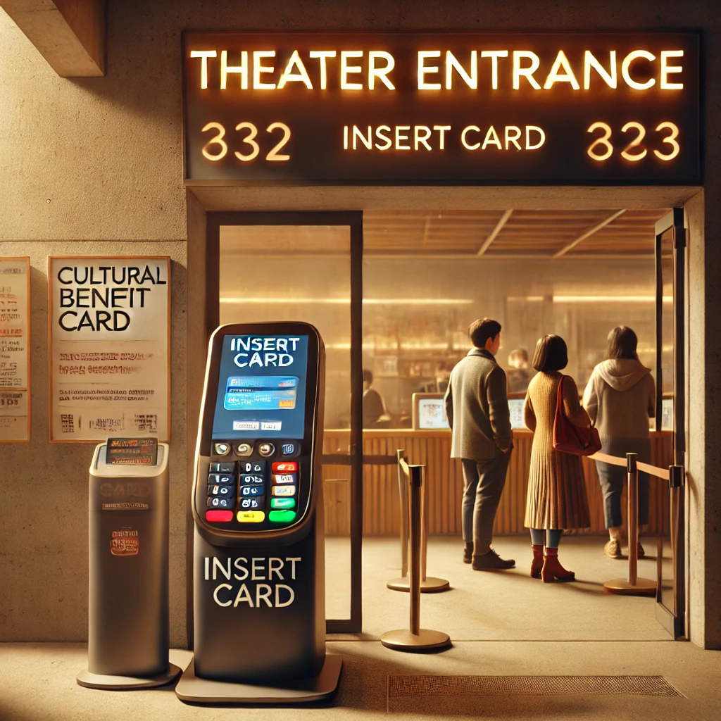 &lsquo;Theater Entrance&rsquo; 간판 아래 공연장 입구에서 사람들이 줄을 서 있는 모습과 함께 설치된 결제 단말기. &lsquo;Insert Card&rsquo; 문구가 보임.