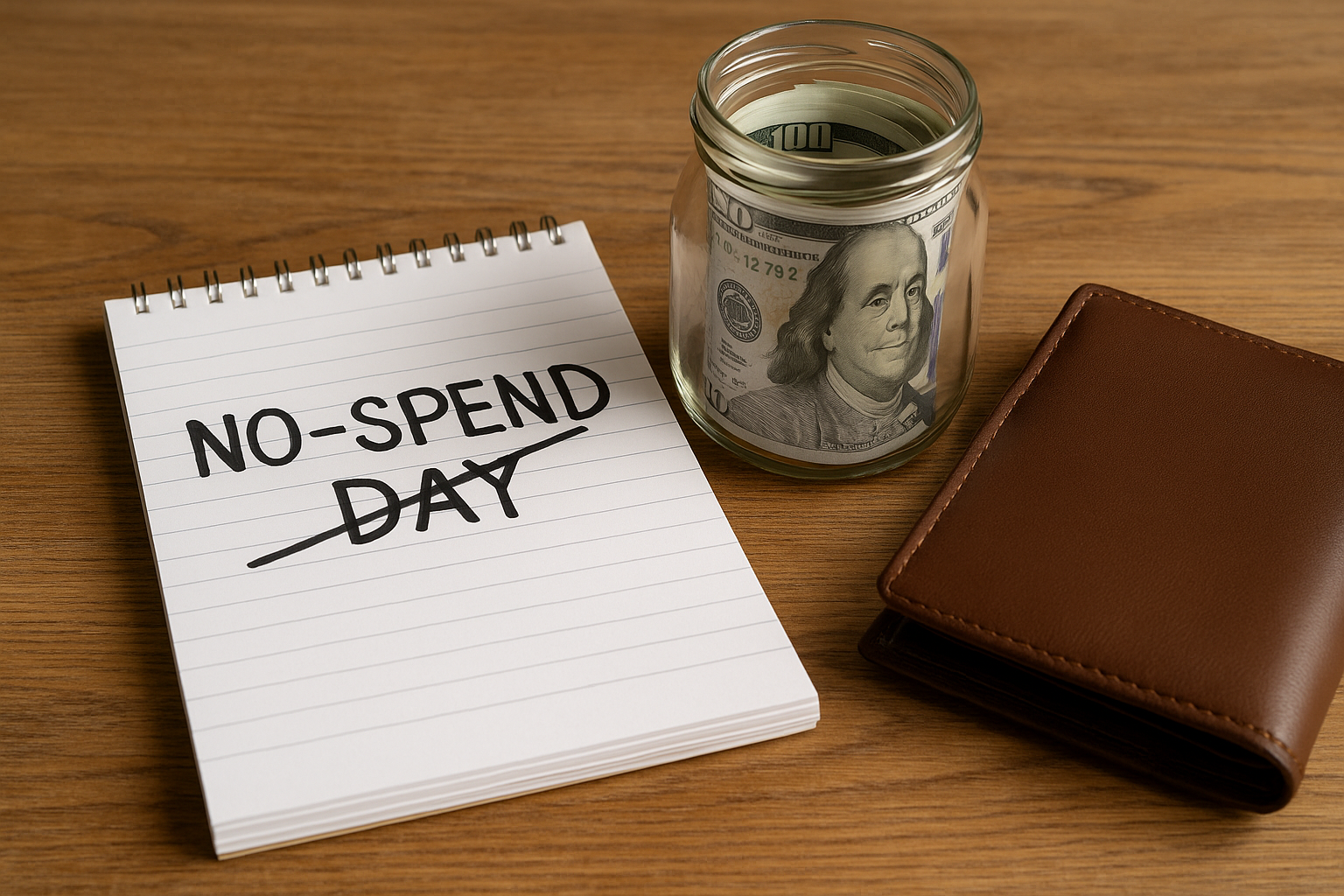 나무 책상 위에 빈 머그잔, 연필, 노트가 정돈되어 놓여 있다. 이 장면은 노스펜드 데이(지출 없는 날)를 실천하며 조용한 마음으로 하루를 보내는 분위기를 담은 그림이다.