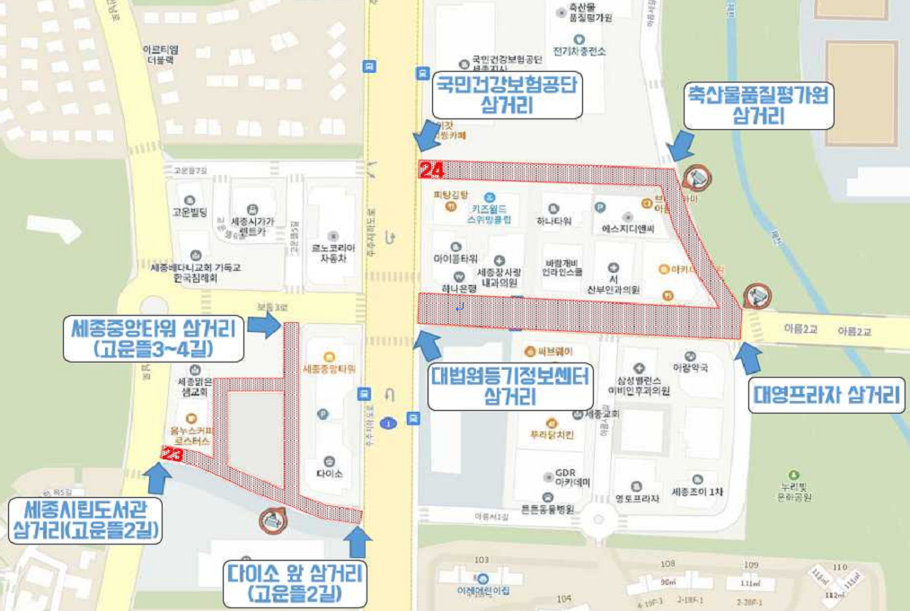 세종시립도서관다이소 앞 사거리(고운뜰2길), 세종중앙타워 사거리(고운뜰34길)국민건강보험공단 사거리대법원등기정보센터 사거리대영프라자 사거리축산물품질평가원 사거리 구간. 붉은 점선으로 단속구간 표시됨.