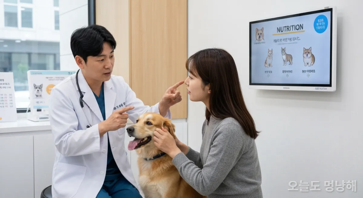 수의사가 반려동물 영양제에 대해 설명하는 한국인 보호자