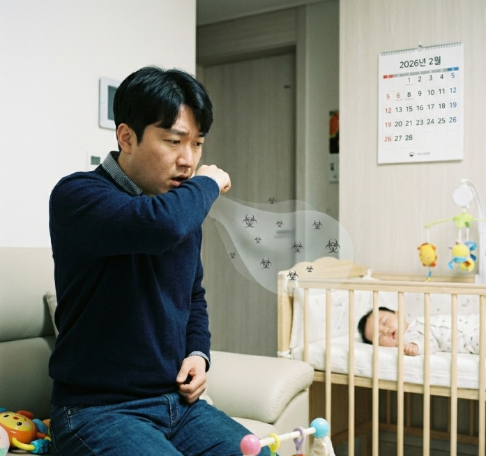 집에서 기침하는 성인 보호자와 아기 침대, 가족 내 백일해 전파 위험을 암시하는 장면