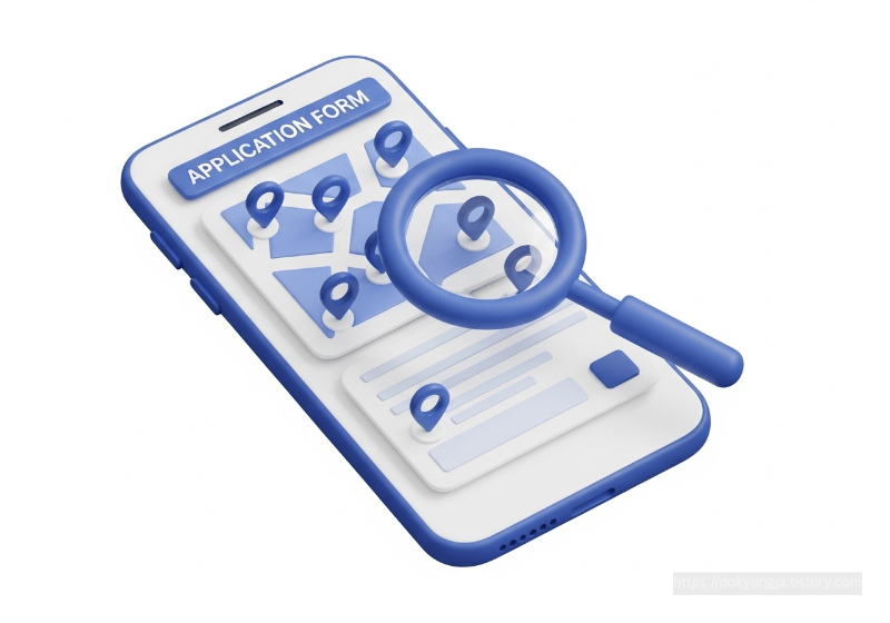 스마트폰으로 장기요양기관을 검색하는 모습을 표현한 3D 아이콘