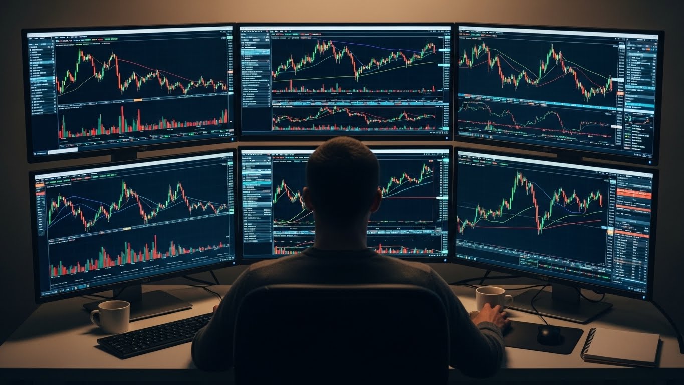 상승하는 주식 차트 앞에서 고민하는 투자자의 뒷모습과 밝은 빛이 비치는 모니터]