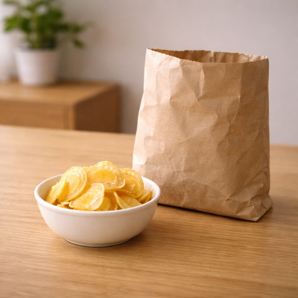 봉지째 먹기 대신 그릇에 덜어 포션을 조절하는 습관을 상징한 이미지