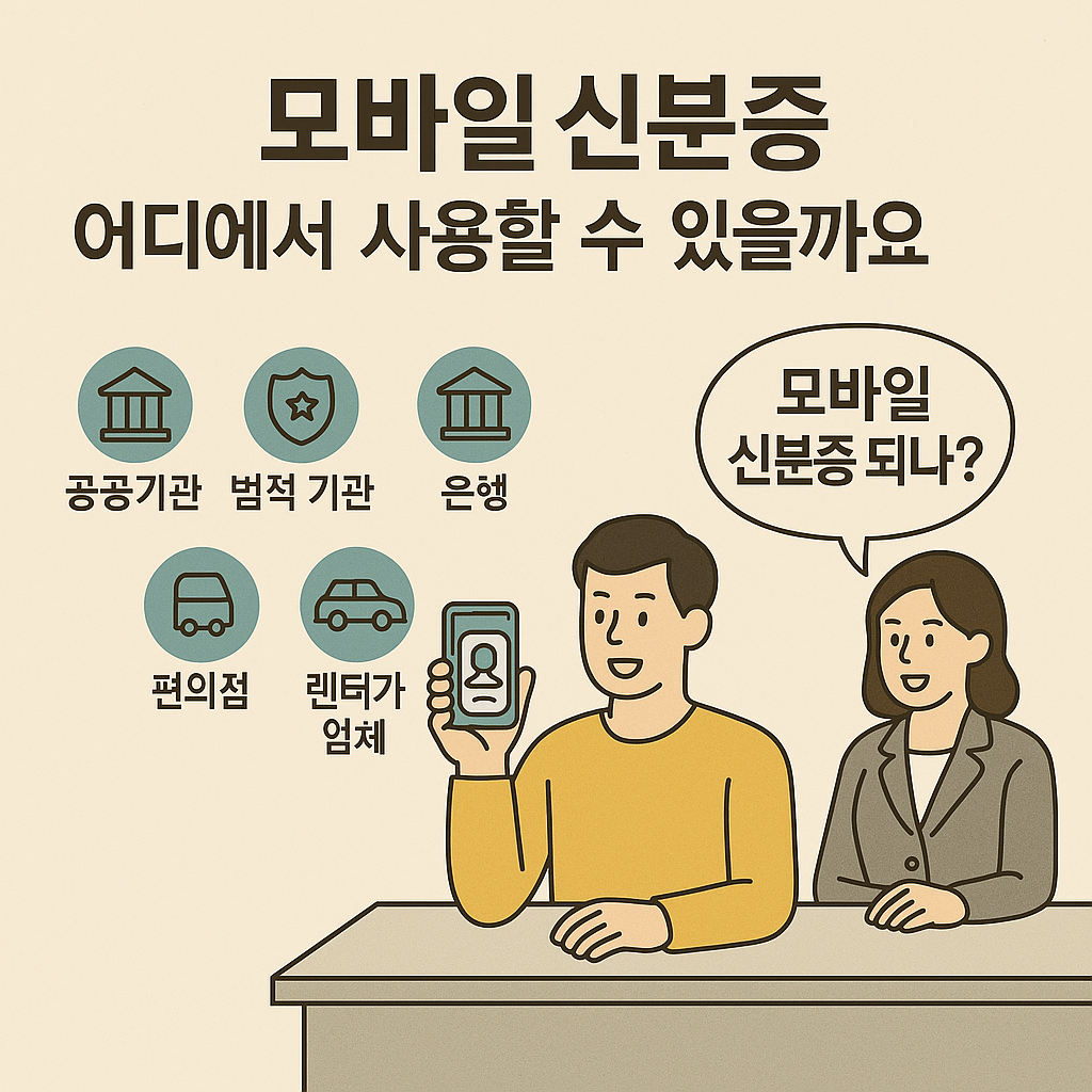 모바일 신분증을 은행 창구에서 제시하는 장면과 함께, 공공기관·법적 기관·은행·편의점·렌터카 등 사용 가능한 대표 장소를 한눈에 보여주는 안내 이미지