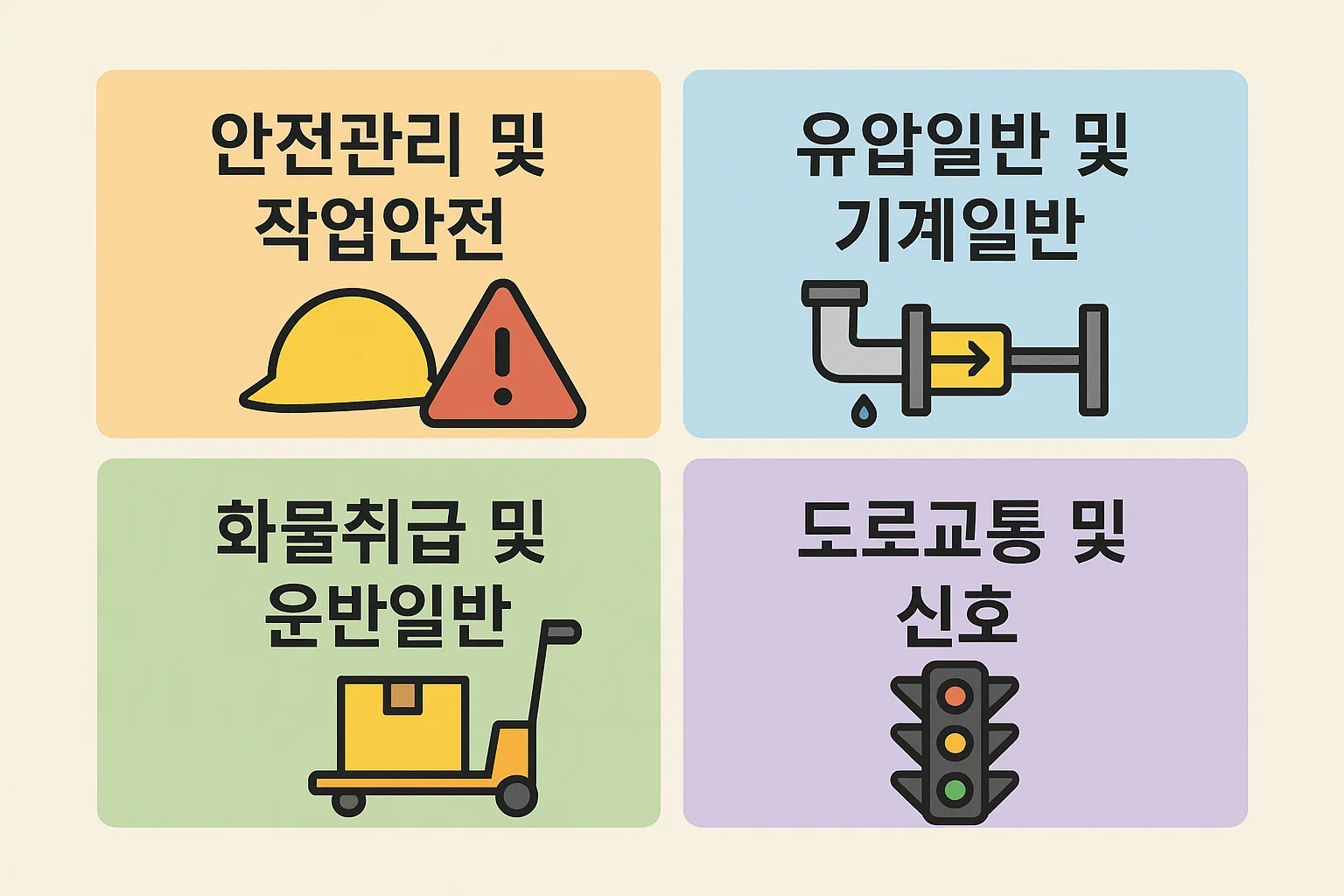 안전관리, 유압일반, 화물취급, 도로교통 등 지게차운전기능사 필기시험의 주요 과목 구성과 출제 비중을 시각적으로 나타낸 인포그래픽입니다.