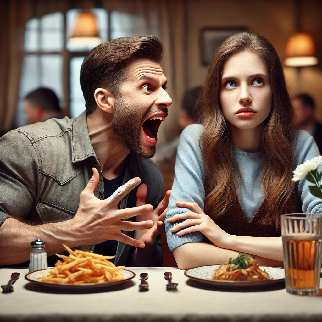 데이트 중 남성이 강한 감정 표현을 하며 다가가지만, 여성이 살짝 불편한 표정을 지으며 몸을 약간 뒤로 빼는 장면 (과한 감정 표현에 부담을 느끼는 모습)