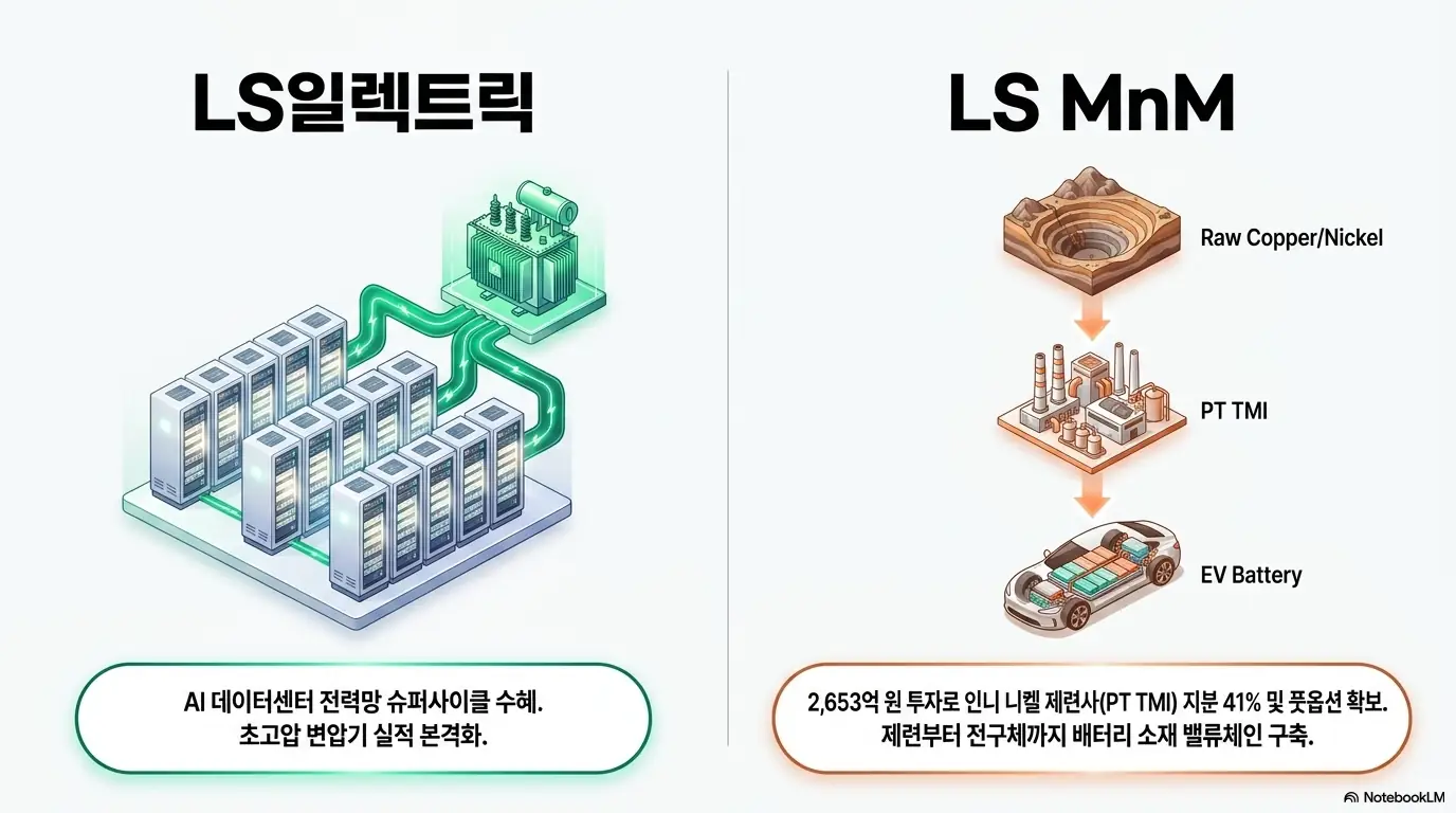 LS 주가 전망: 왼쪽은 AI 데이터센터 전력망 슈퍼사이클 수혜의 LS일렉트릭, 오른쪽은 니켈 제련사 PT TMI 투자로 원료-제련-EV 배터리 소재 밸류체인을 구축하는 LS MnM을 대비한 그래픽. 두 자회사의 성장 동력을 설명함.