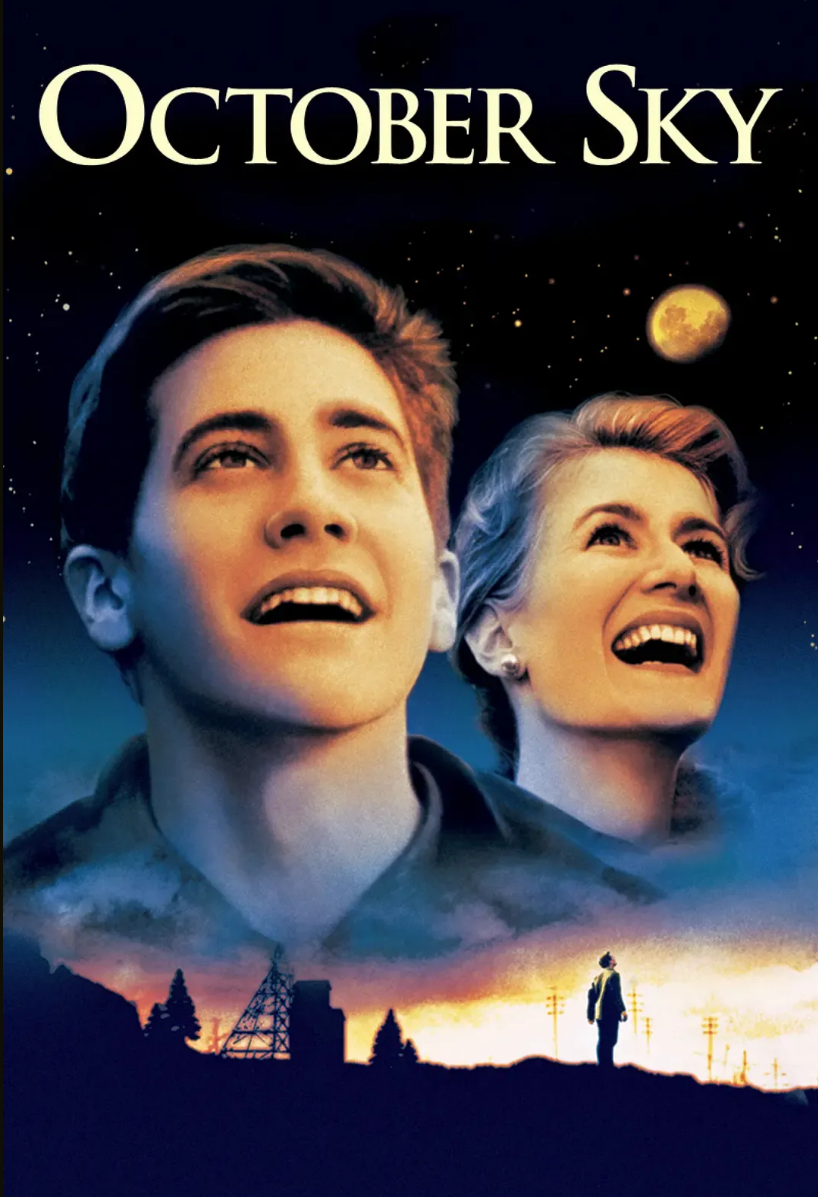 October Sky 영화 포스터 주인공 두 남녀의 얼굴, 뒤에는 우주 배경