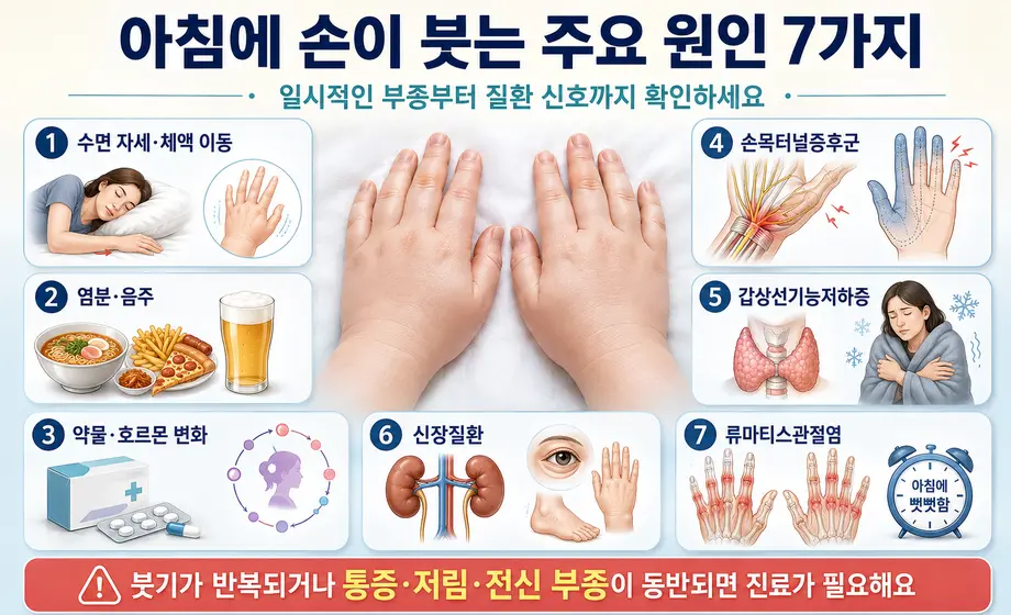 아침에 손이 붓는 원인 7가지인 수면 자세&middot;체액 이동, 염분&middot;음주, 약물&middot;호르몬 변화, 손목터널증후군, 갑상선기능저하증, 신장질환, 류마티스관절염 비교 이미지
