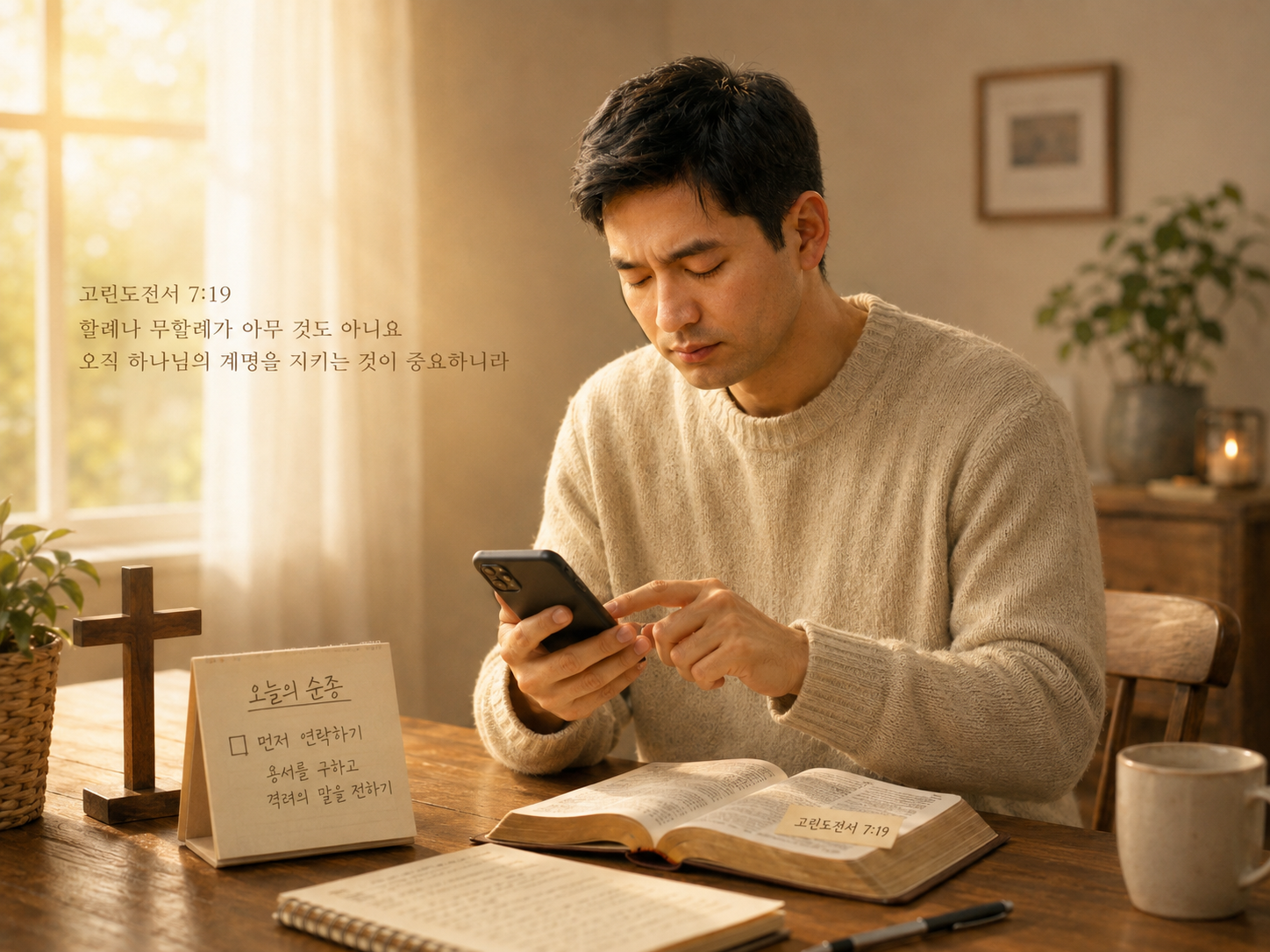 고전 7:19 말씀에서 중요한 것은 할례가 아니라 하나님의 명령을 따라 순종하는 것임을 다시 생각하며, 제가 오늘 중 어떠한 영적인 활동을 하기 이전에 제가 순종하려는 선택을 한가지라도 하는 모습입니다.