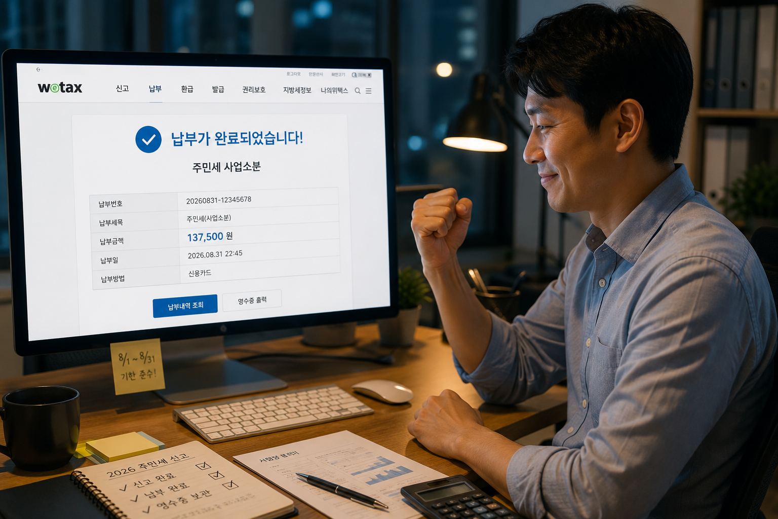 늦은 저녁 사무실에서 납부 완료 화면을 확인하는 사업자