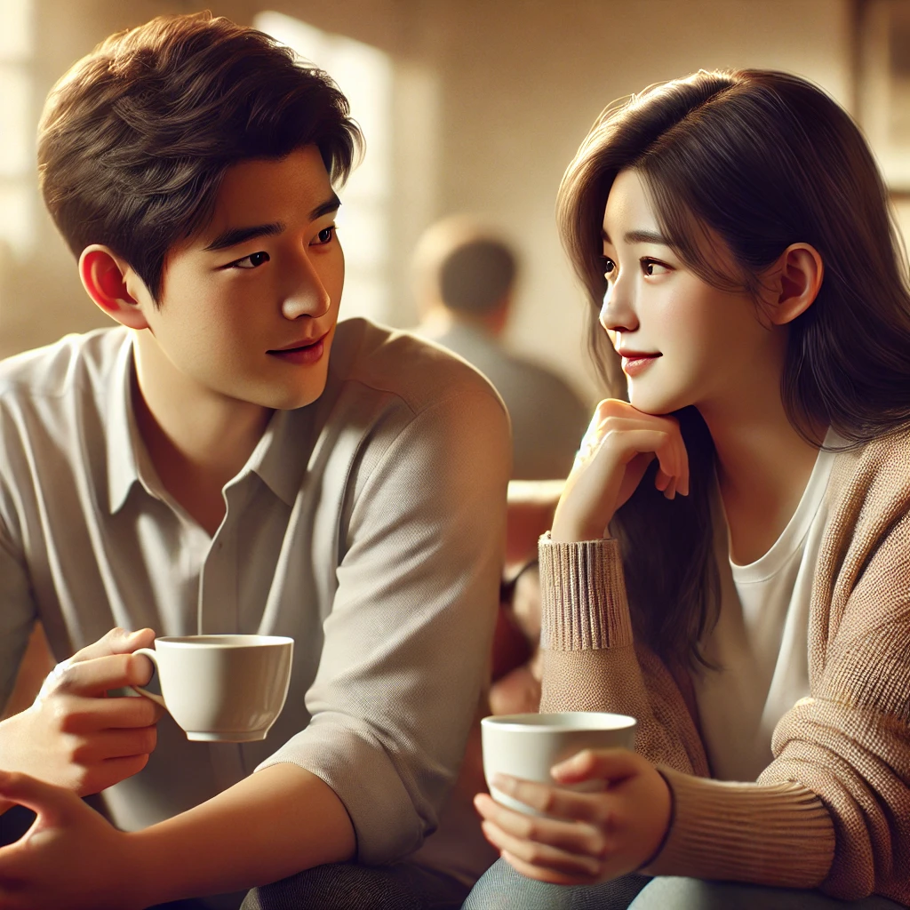 커피를 마시며 편안하게 대화하며 고민을 털어놓는 두 사람의 모습