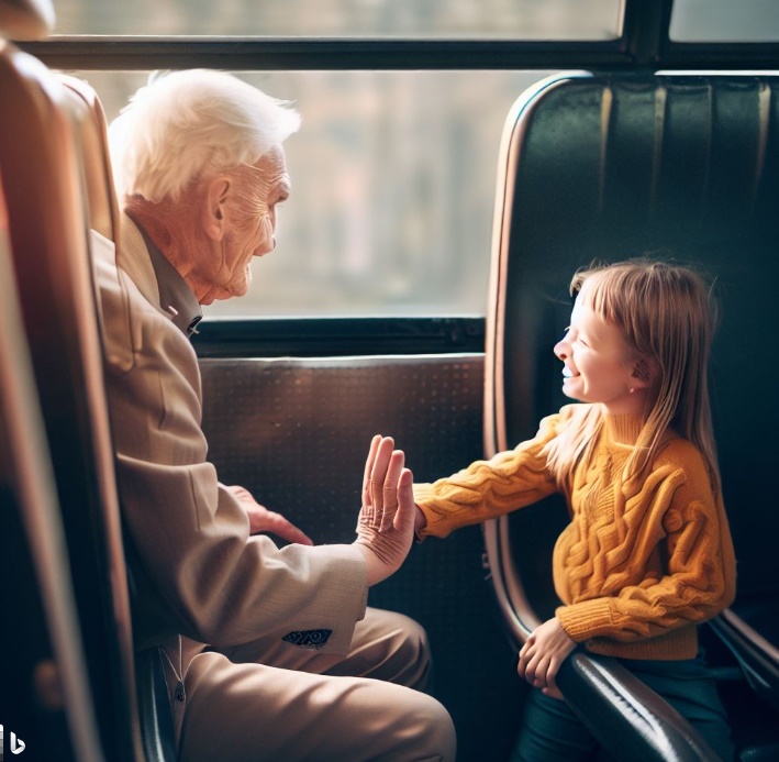 할아버지에게 다정하게 웃어주는 아이