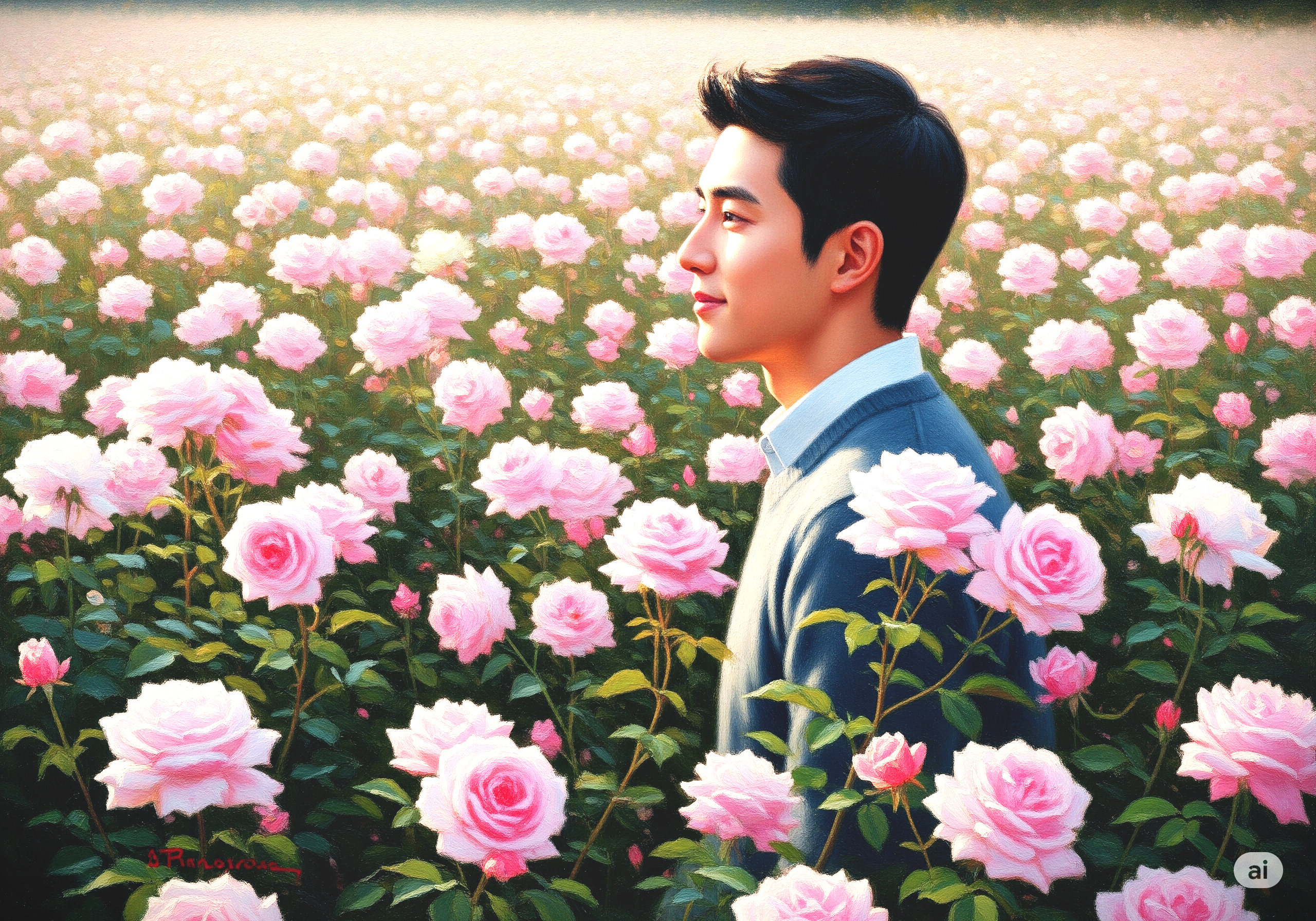 장미꽃 밭 안의 남자