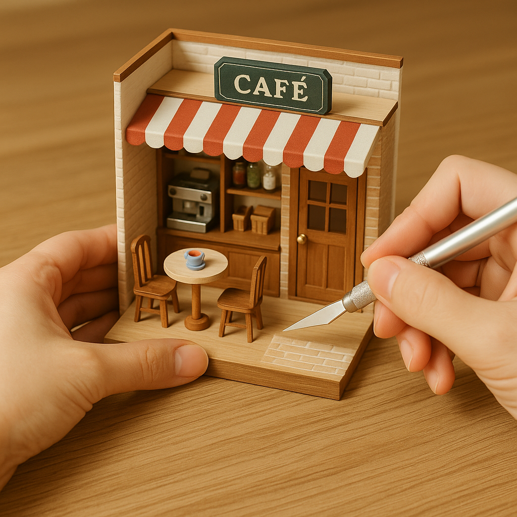 미니어처 카페를 만드는 손과 완성된 작은 카페 모형