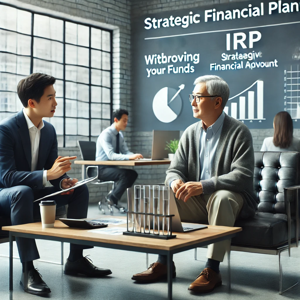 은퇴자(60대)가 금융 기관에서 IRP 출금 관련 상담을 받는 장면. 책상 위에는 차트와 노트북이 배치되어 있음