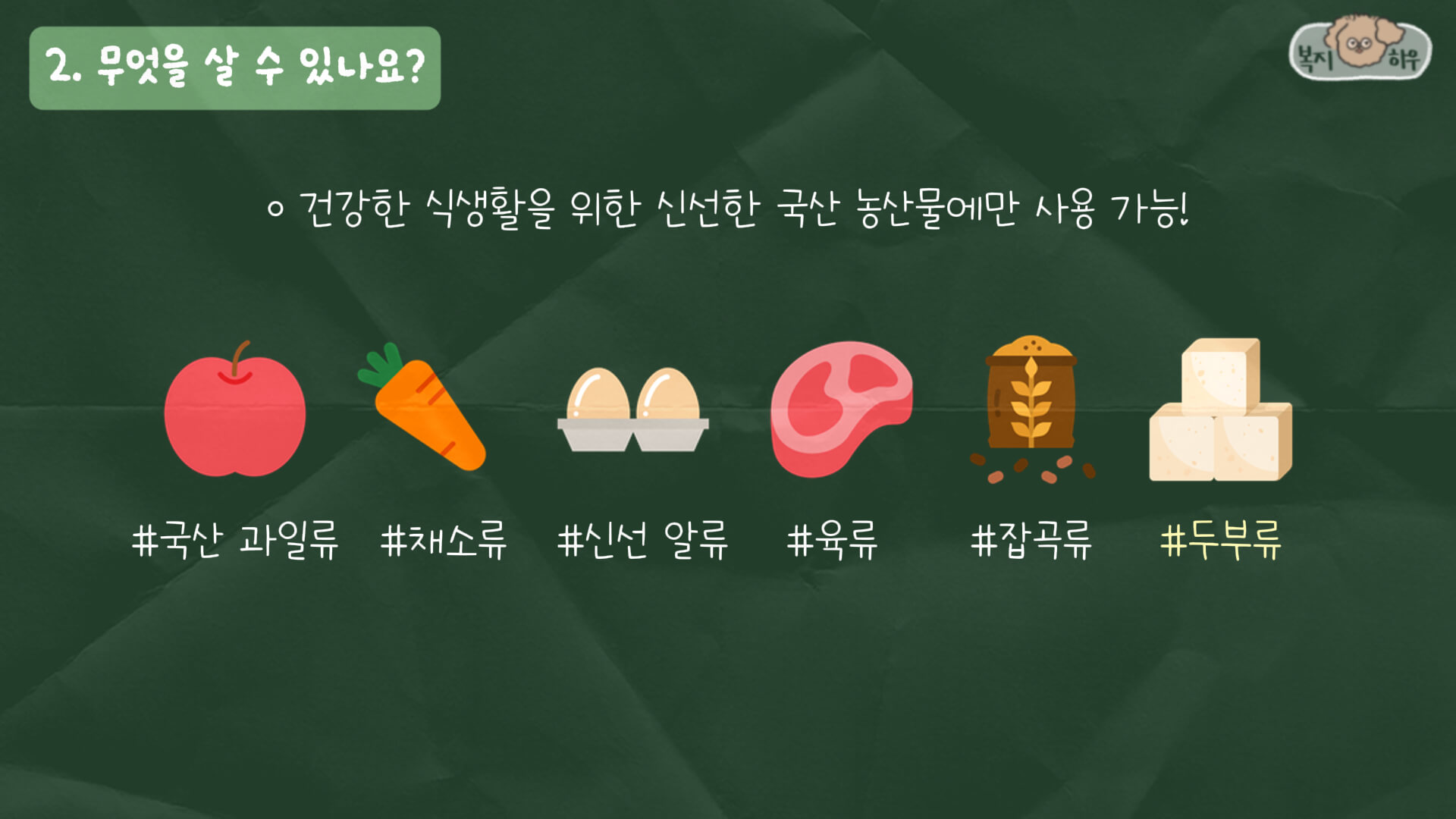 농식품 바우처 제도는 건강한 식생활을 지원하기 위한 목적에 따라 국산 과일, 채소, 신선 알, 육류, 잡곡, 두부 등의 품목만 구매 가능하다.