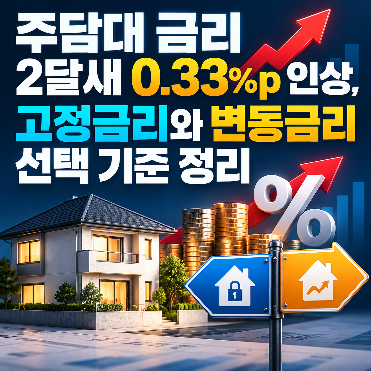 주택담보대출 금리 2개월 새 0.33%p 상승과 고정금리·변동금리 선택 기준을 보여주는 금융 인포그래픽 이미지