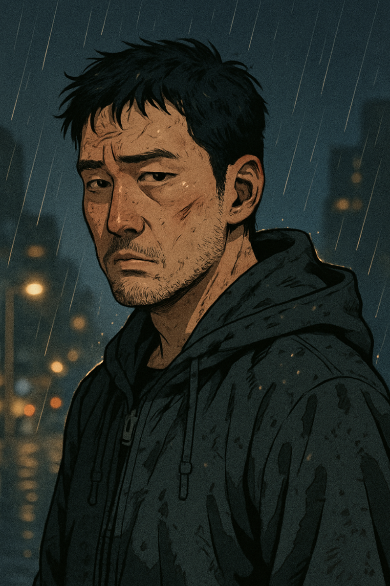 영화 브로큰 주인공이 비오는날 결투후 비를 맞으며 정면을 응시하고 있음