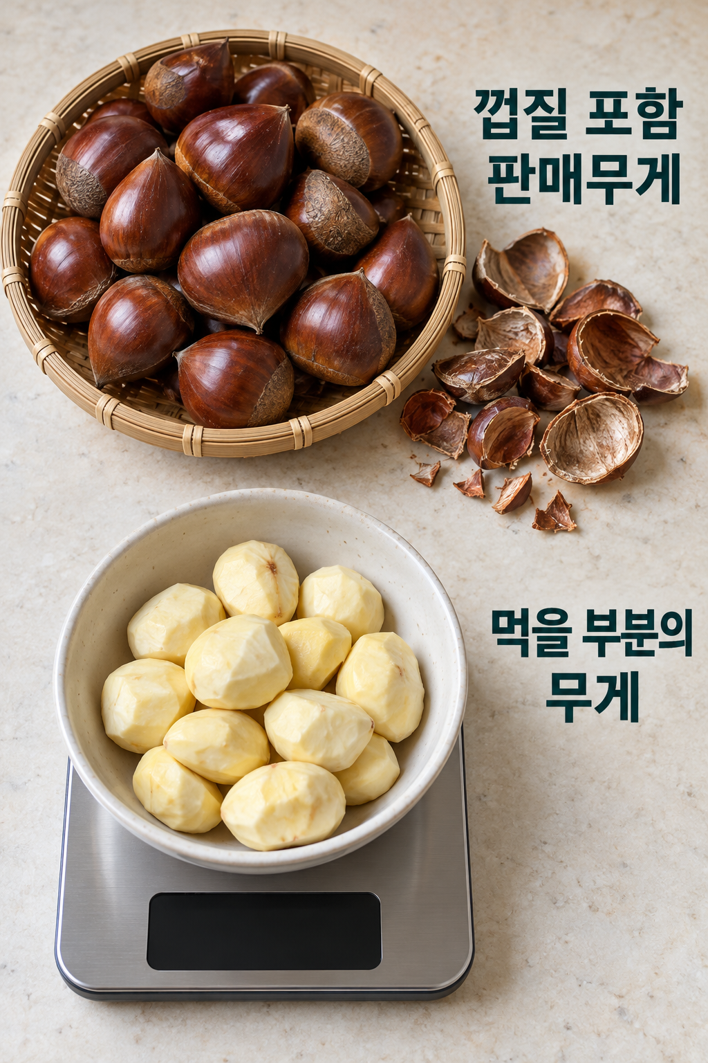 껍질이 남은 밤 바구니와 껍질을 벗긴 먹을 부분이 담긴 빈눈금 저울