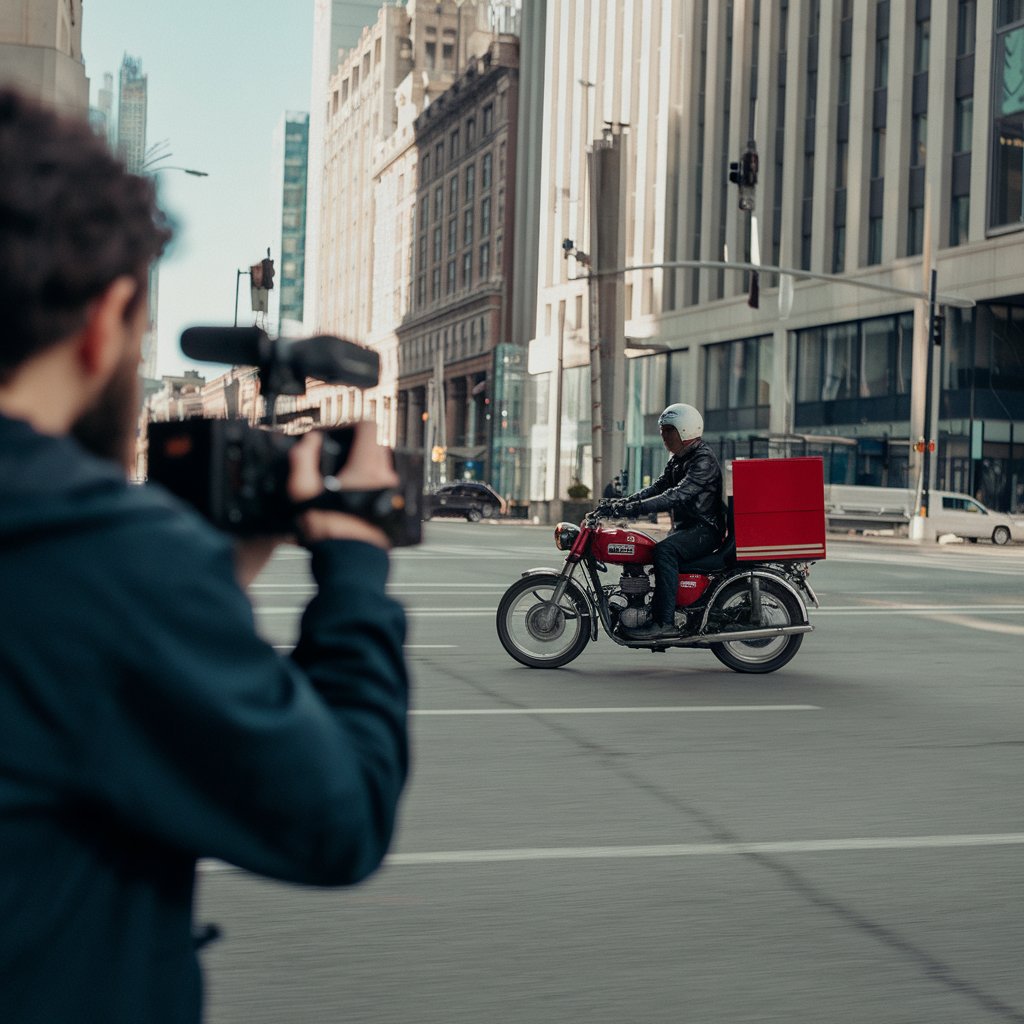 A person is filming a signal-violating delivery motorcycle in the distance