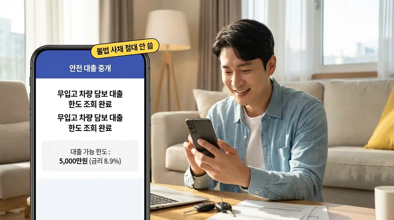 스마트폰 대부 중개 앱을 통해 불법 사채를 피하고 안전하게 무입고 차량 담보 대출 한도를 조회하여 위기를 극복하는 모습