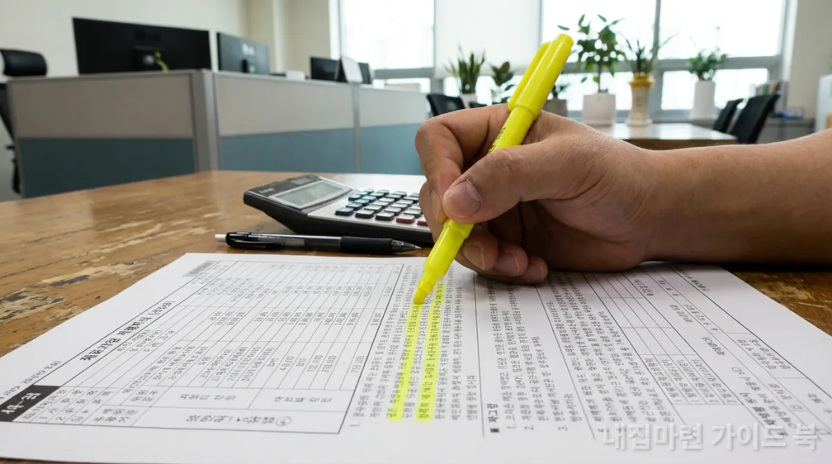 세금 서류의 중요한 부분을 노란색 마커로 표시하는 손