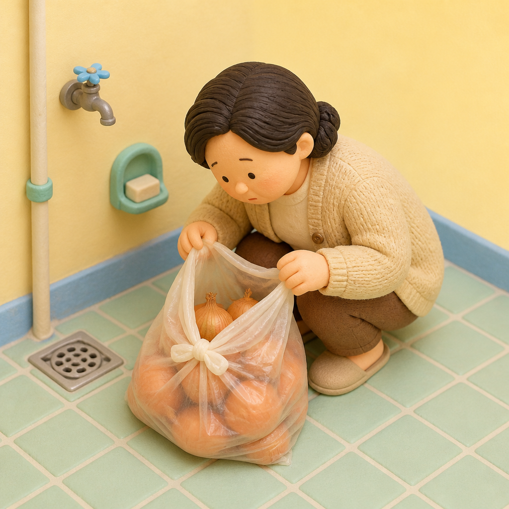 다용도실 바닥에 놓인 비닐봉지 속 양파를 들여다보는 50대 여성