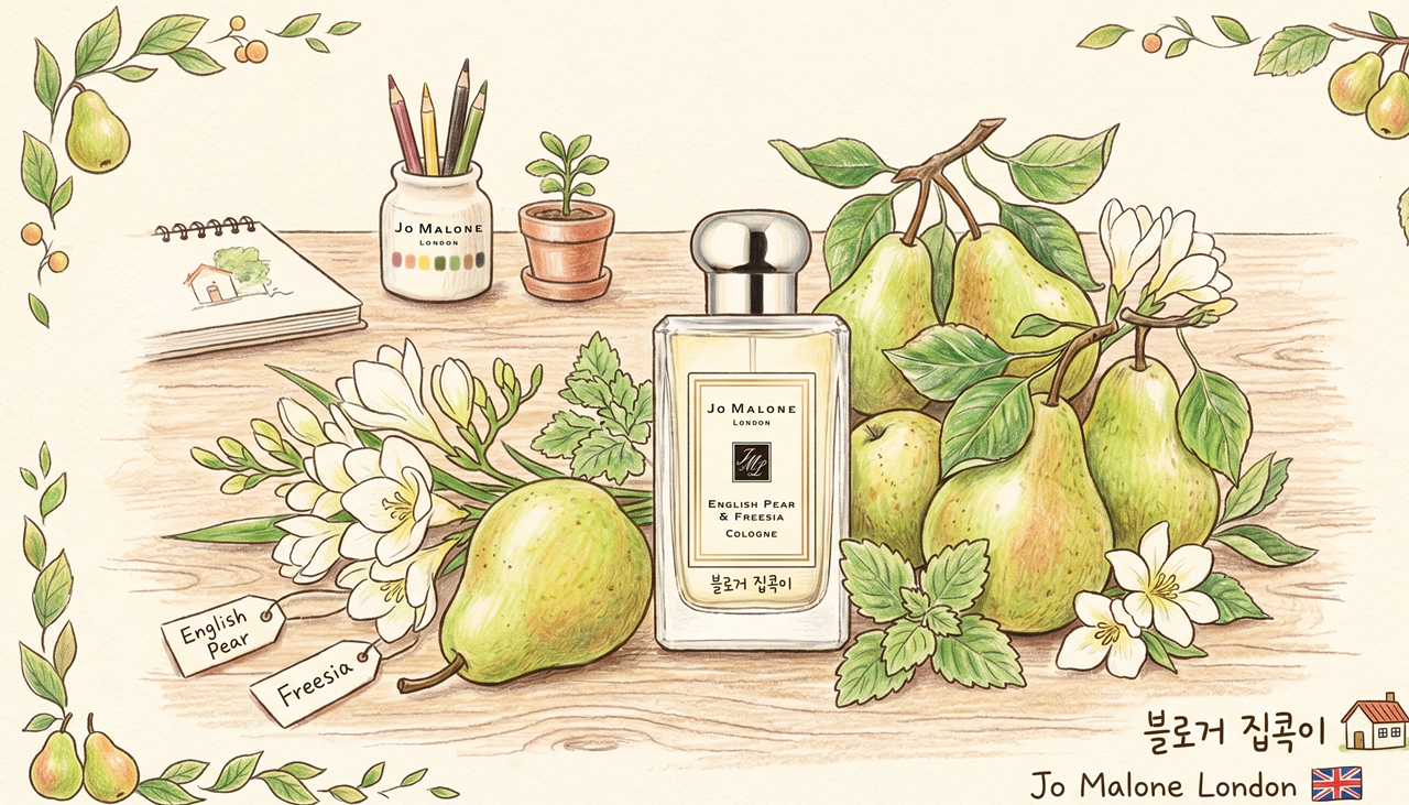 블로거 집콕이가 직접 그린 조말론 잉글리시 페어 앤 프리지아 색연필 일러스트(English Pear and Freesia color pencil illustration by blogger Jipkok)