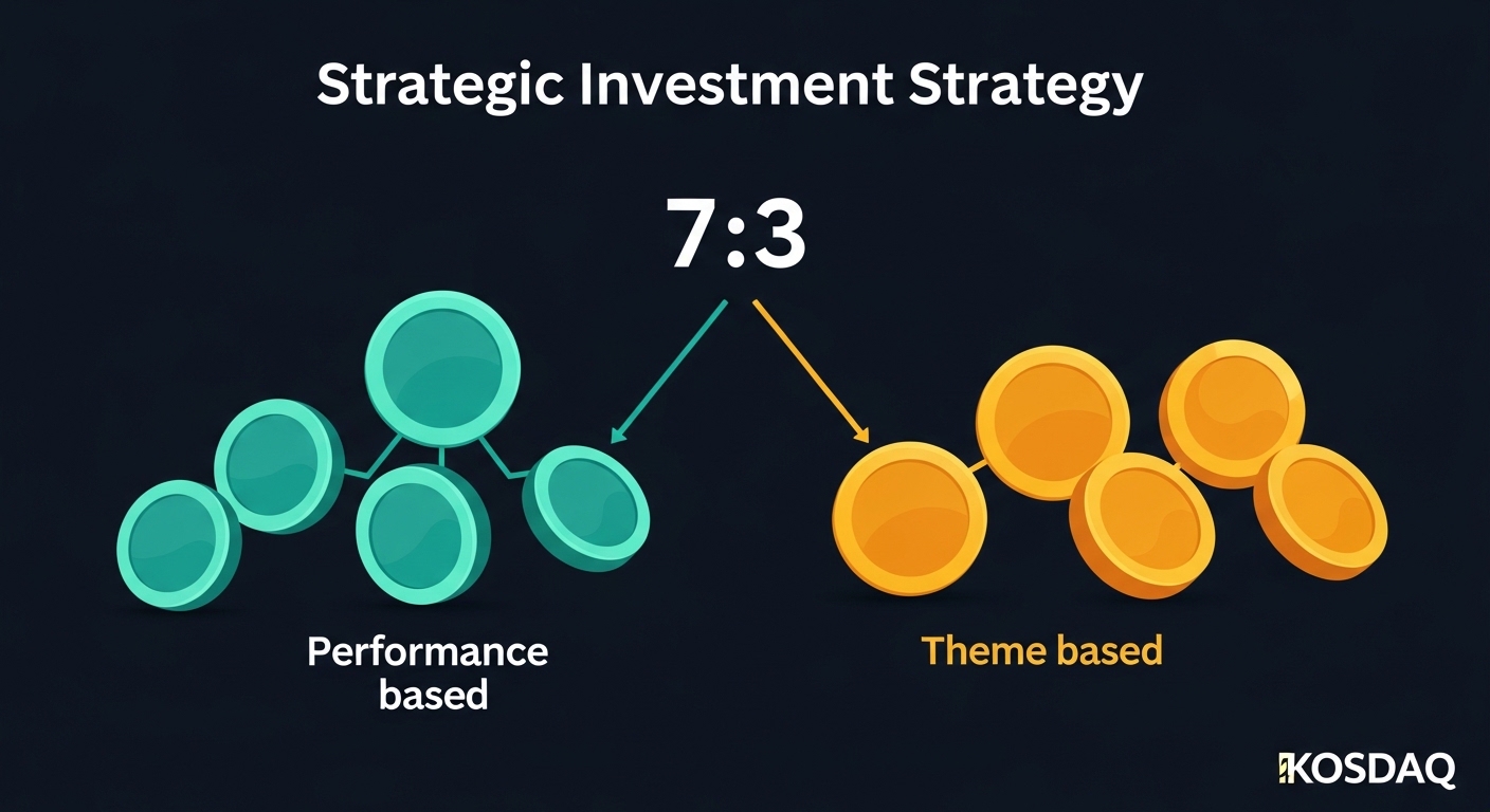 Strategic investment diagram showing the 73 portfolio balance on KOSDAQ AI stock. Seven teal coins marked performance based and three amber coins marked theme based. Minimize dark background. Korea Investment Strategy Infographic.