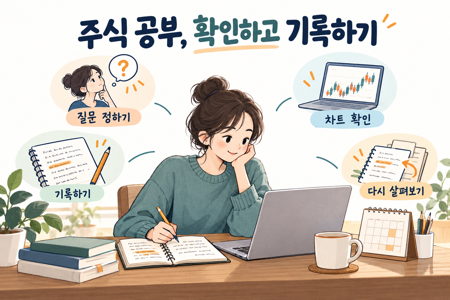 질문을 정하고 차트를 확인한 뒤, 관찰 내용을 기록하고 다시 살펴보는 주식 공부 과정.