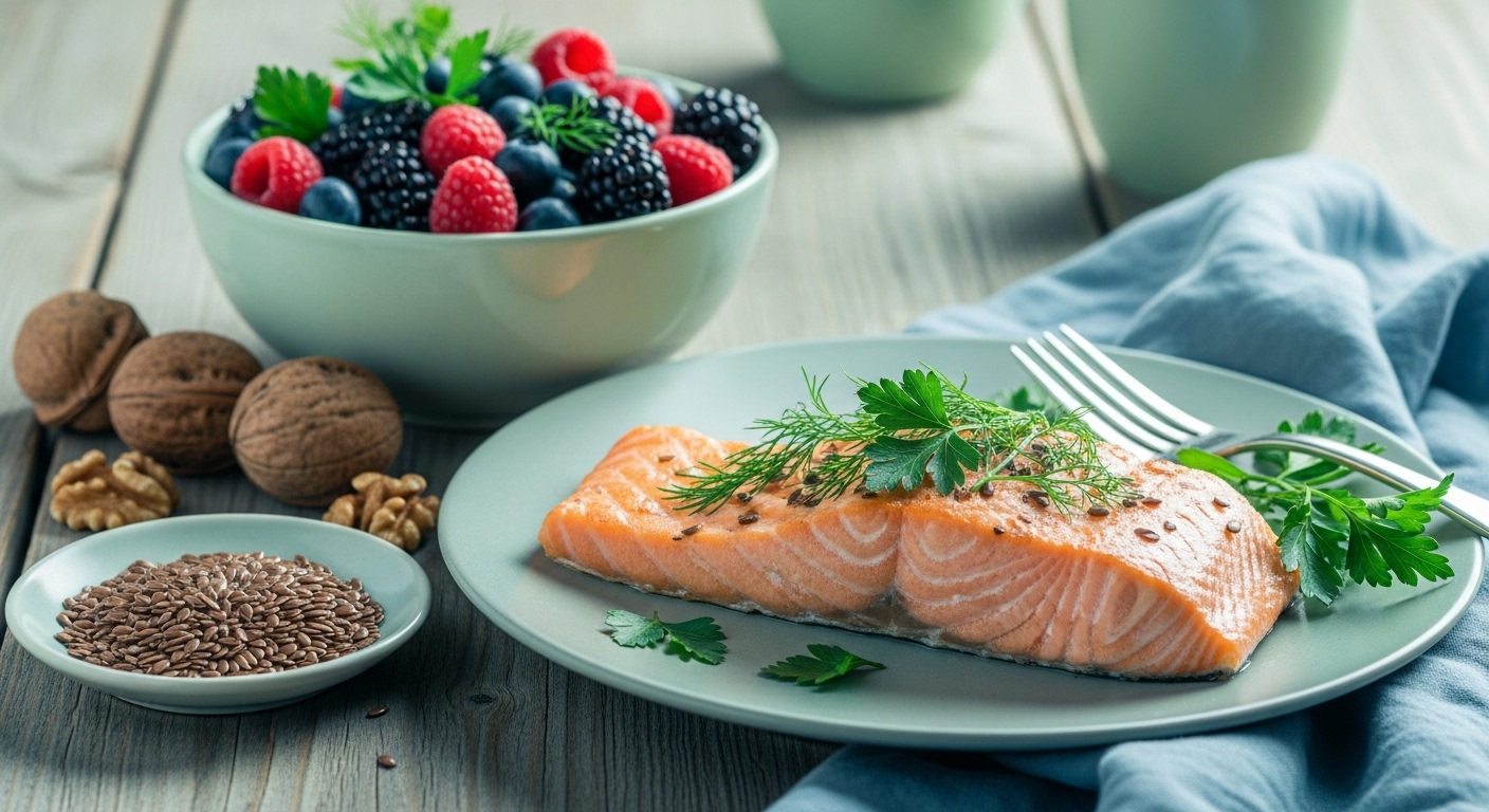 구운 연어, 베리류, 호두, 아마씨가 아름답게 놓인 식탁, 뇌 건강에 좋은 오메가-3 식품을 강조