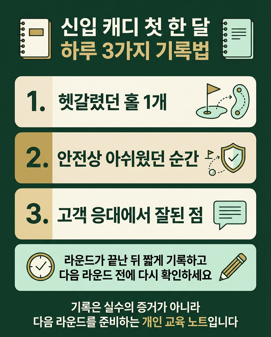 신입 캐디가 첫 한 달 동안 기록하면 좋은 항목을 정리한 안내 인포그래픽