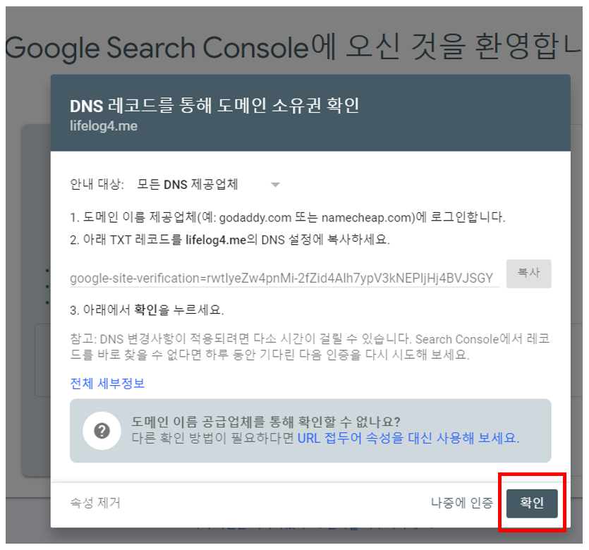 2차 도메인 구글 서치콘솔 연결 중 소유권 확인 팝업 화면