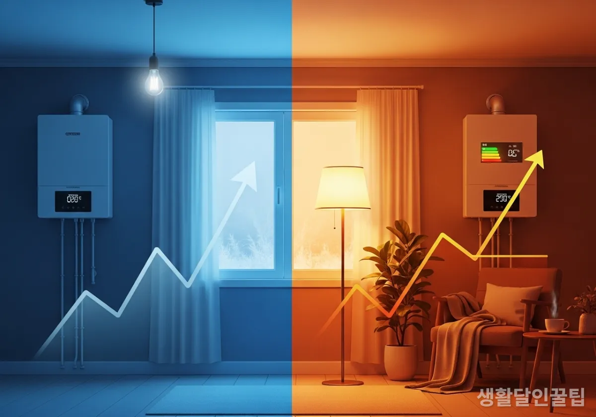 보일러를 껐을 때와 온도를 낮췄을 때의 에너지 소모량을 비교한 인포그래픽 일러스트