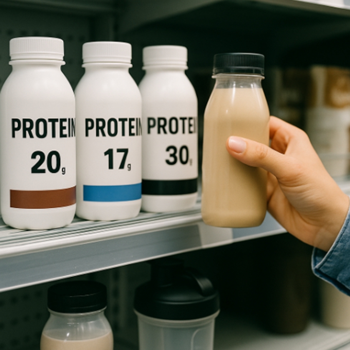 편의점 진열대에서 단백질 음료와 쉐이크 병을 고르는 손
