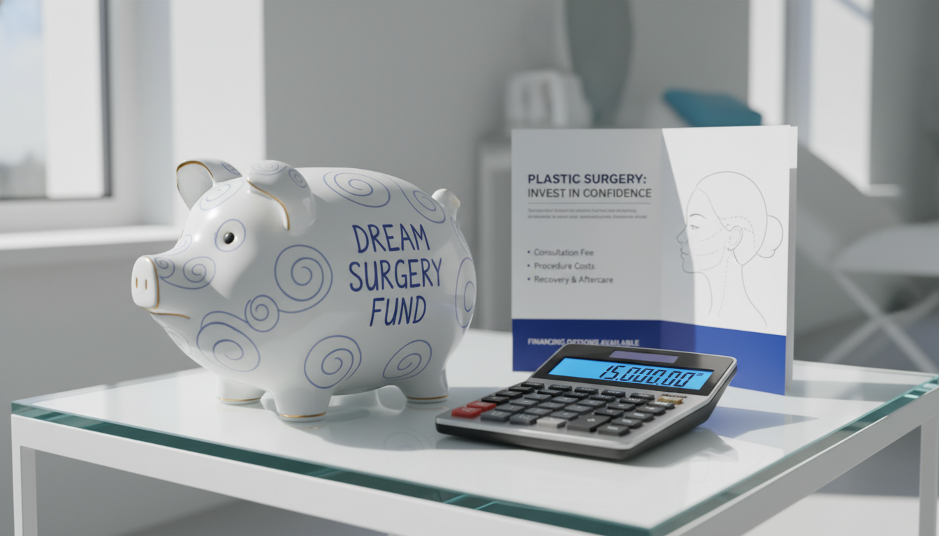 수술 비용을 상징하는 저금통과 계산기가 놓여있는 모습