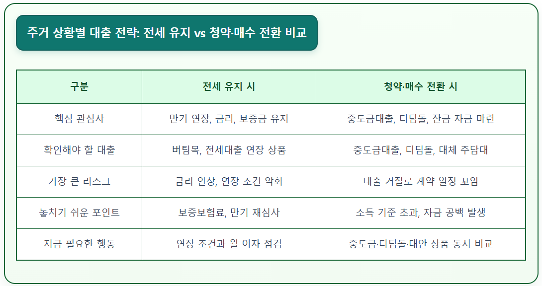 주거 상황별 대출 전략: 전세 유지 vs 청약 매수 전환 비교표