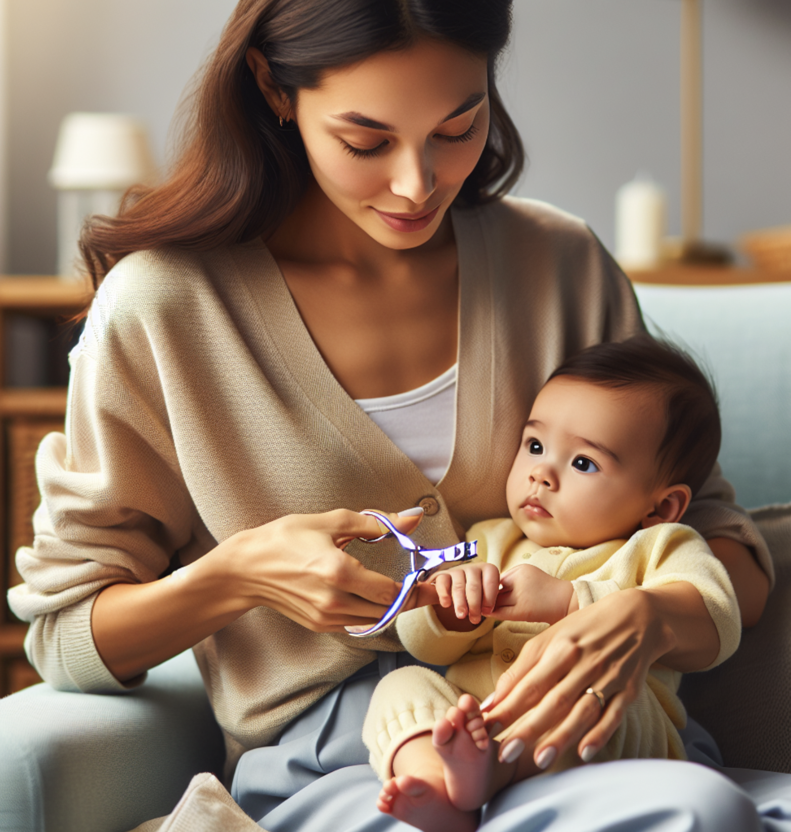 아기의 손톱깎는 엄마